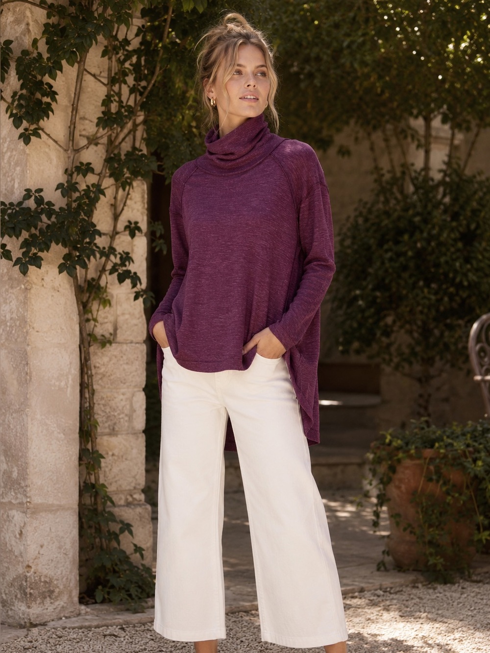 WE THE FREE Burgundy Bohemian Casual Split Back Slub Turtleneck Shirt, XS